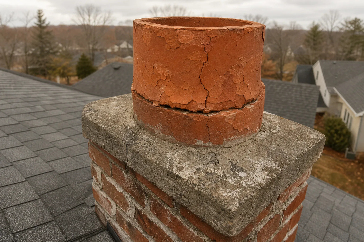 Furnace chimney cleaning inspection finding: spalled and cracked clay flue tile at the chimney crown
