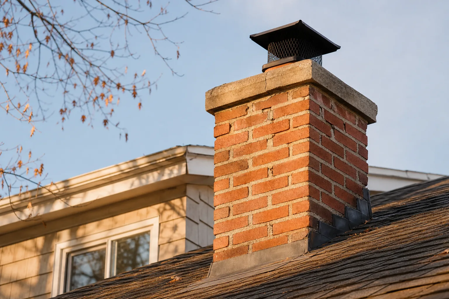 Furnace chimney cleaning context: a weathered masonry chimney and cap above the roofline