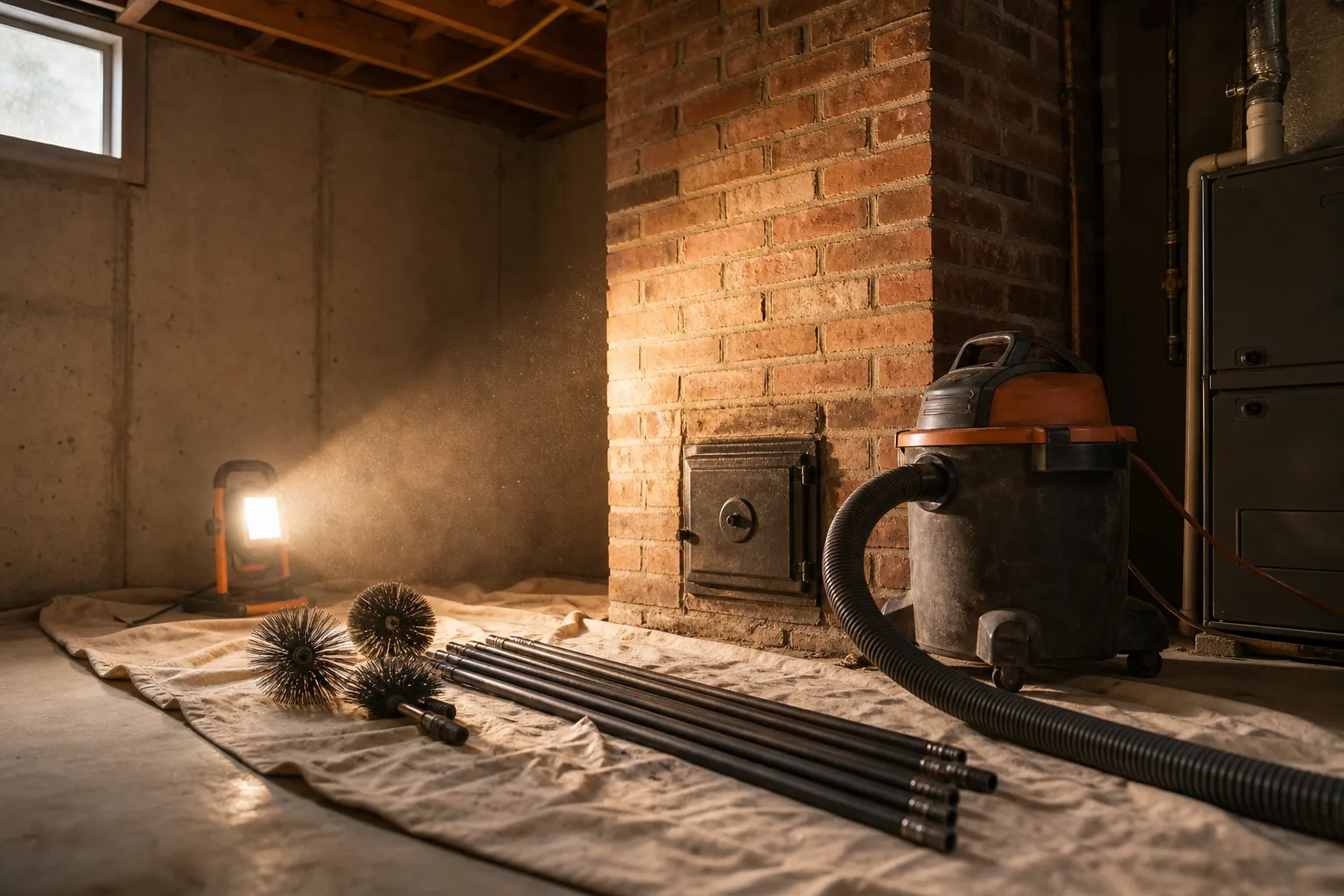 Furnace chimney cleaning equipment set up at the base of a masonry chimney