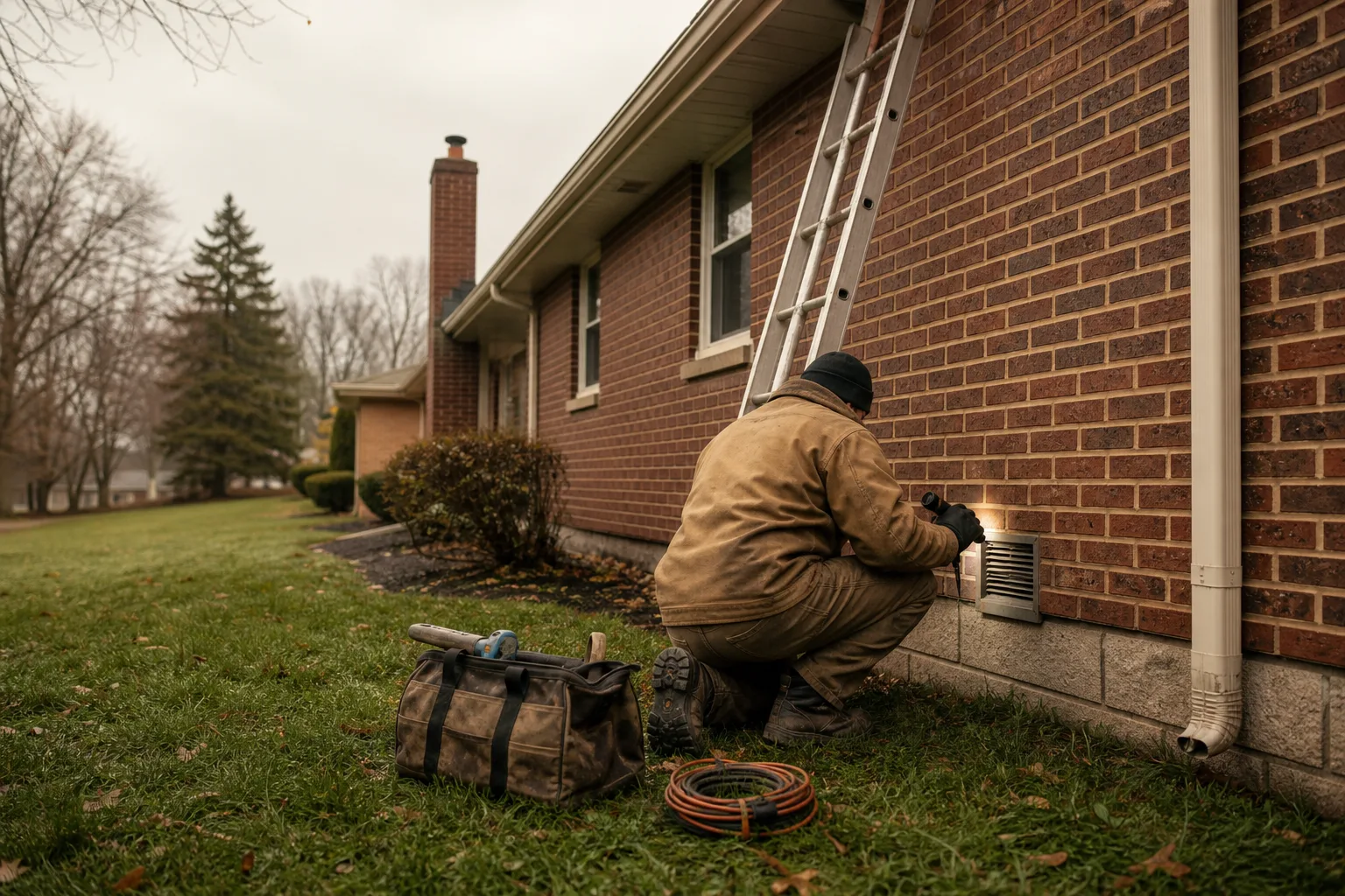 Do gas fireplaces need a chimney: a pro inspecting a sidewall gas vent termination outside a home