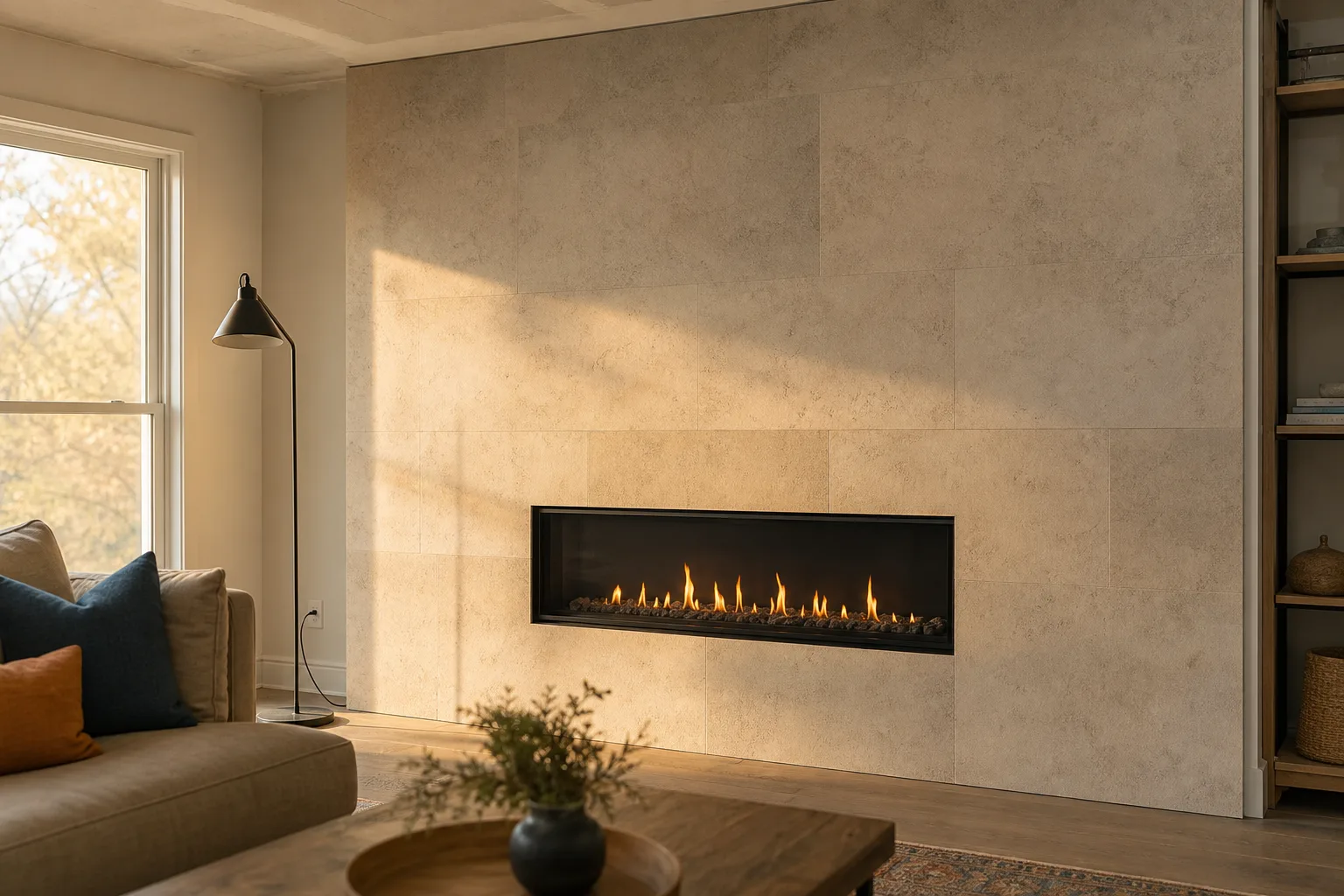 Custom fireplace built as a full stone wall with a linear firebox in a living room