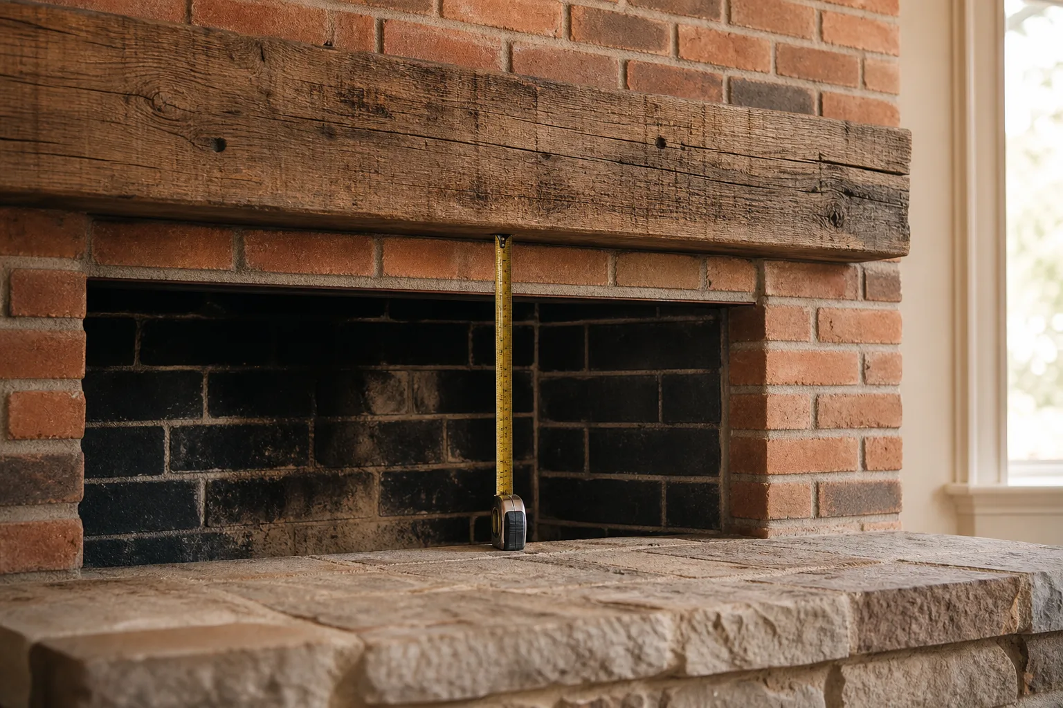 Custom fireplace mantel clearance being measured above a soot-blackened firebrick opening