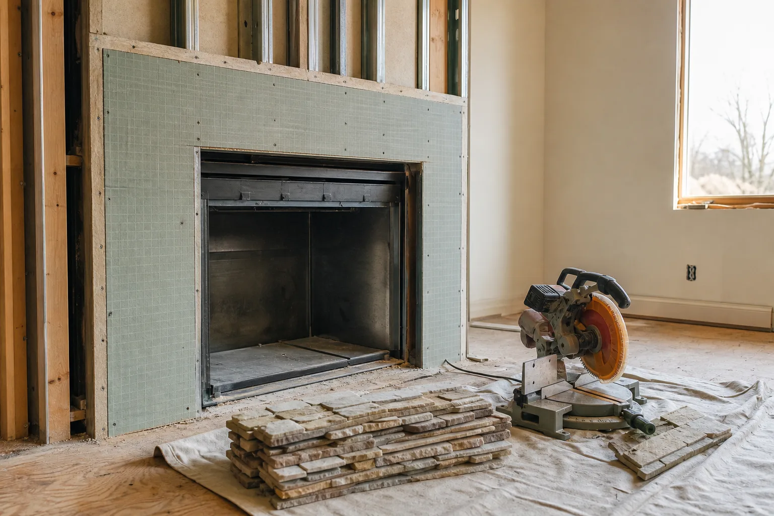 Custom fireplace surround mid-build with framing, cement backer board and stone staged