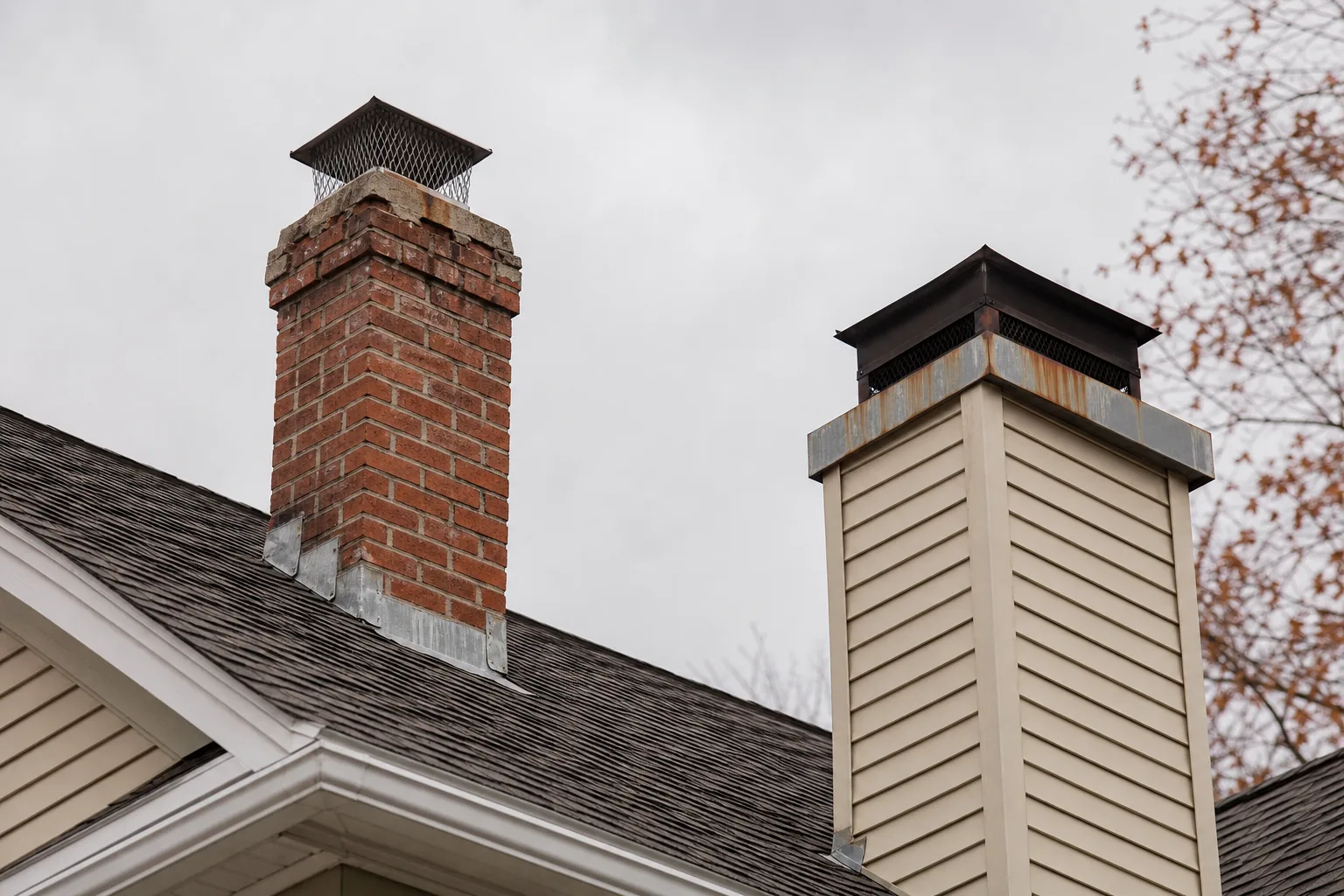 Custom fireplace starting points compared: a brick masonry chimney beside a sided prefab chase