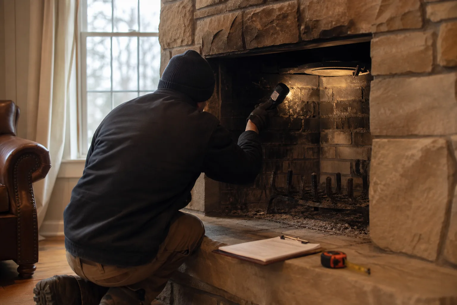 Custom fireplace assessment: a chimney pro inspecting an existing firebox and smoke chamber