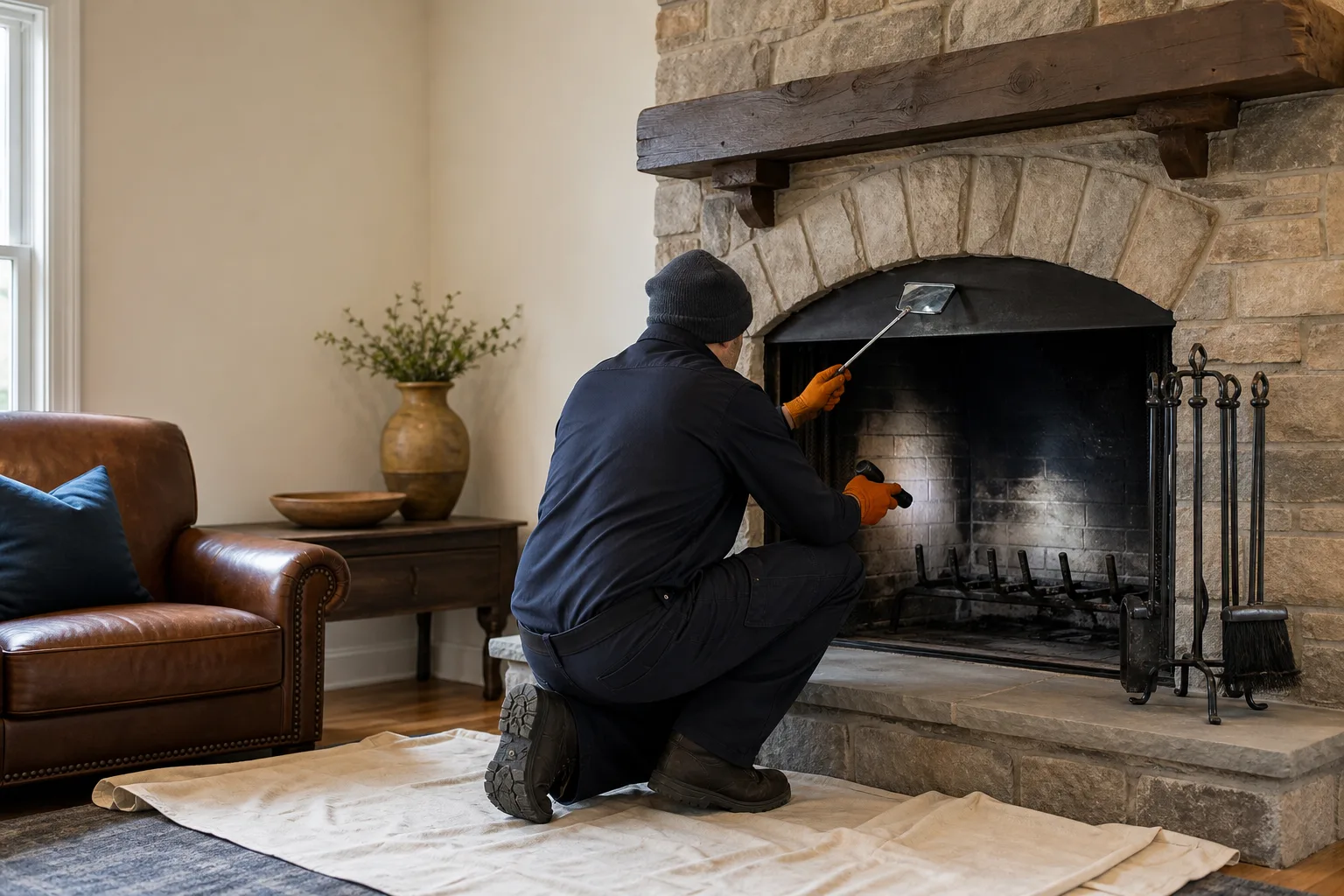 Chimney inspection appointment showing a technician checking the firebox and damper