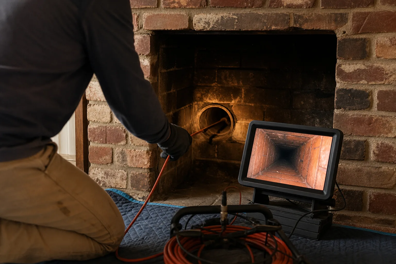 Level 2 chimney inspection camera entering a clay-lined flue