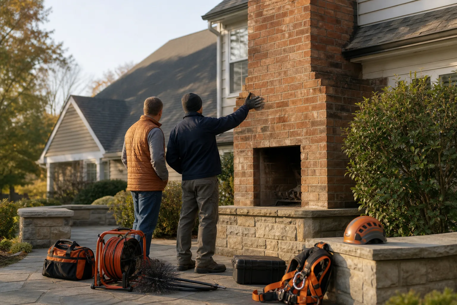 Chimney inspection near me consultation between a homeowner and local inspector