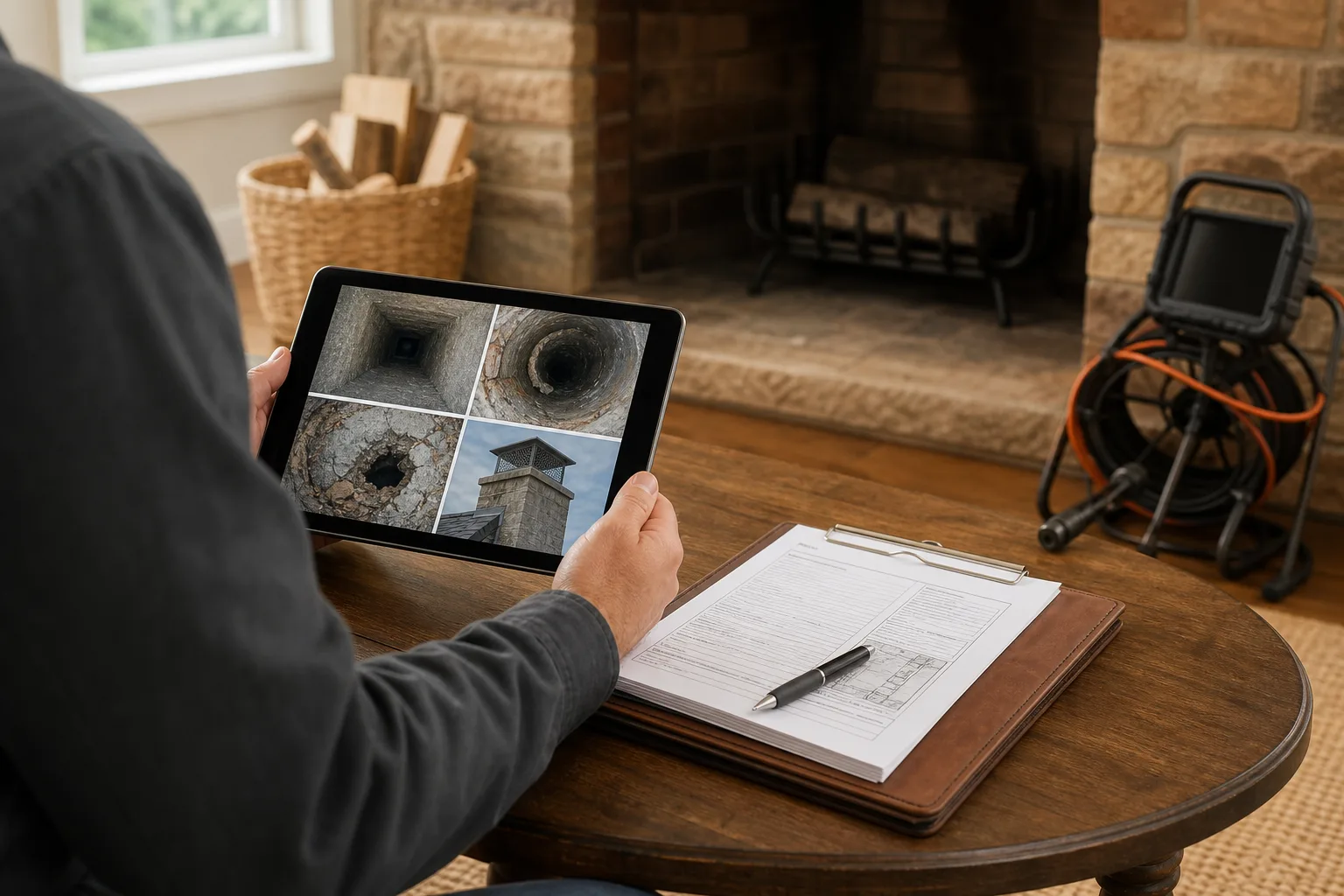 Chimney inspection report displayed beside detailed flue photographs on a tablet