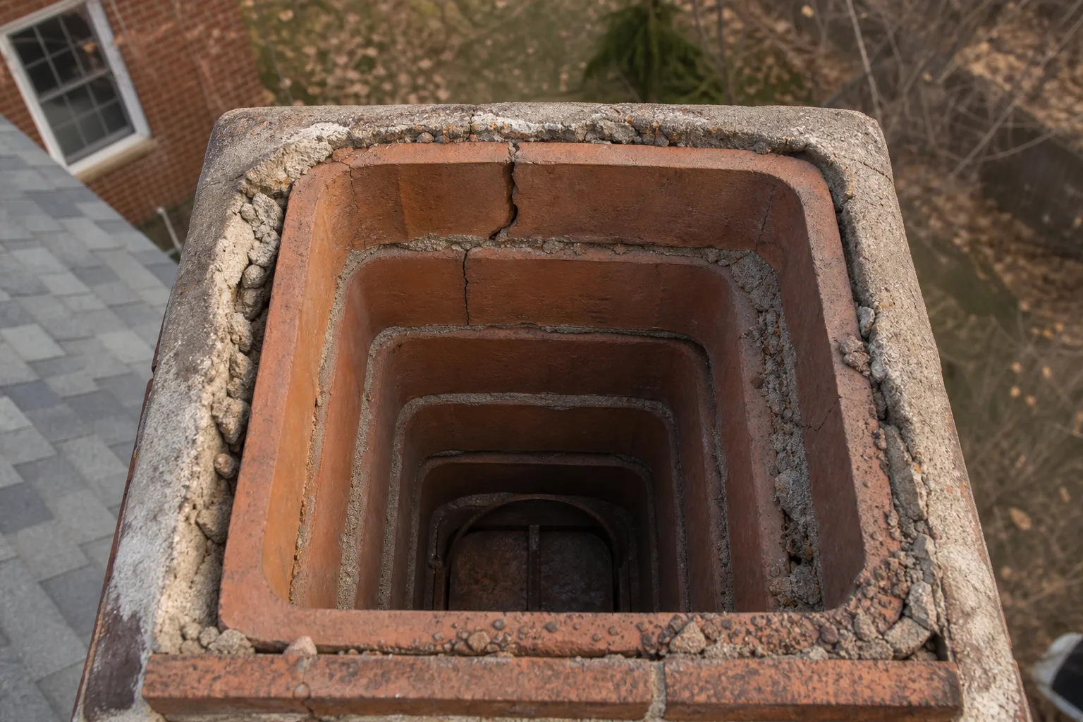 View down a chimney flue showing cracked clay tile liner and eroded joints View down a chimney flue showing cracked clay tile liner and eroded joints