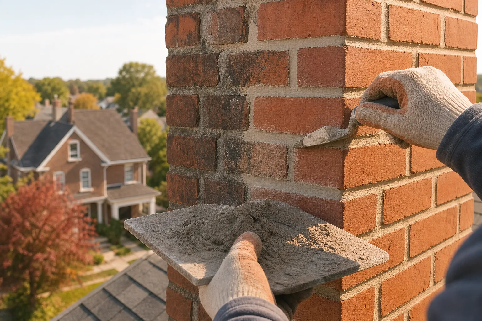 Gloved mason tuckpointing fresh mortar into joints of an old brick chimney Gloved mason tuckpointing fresh mortar into joints of an old brick chimney