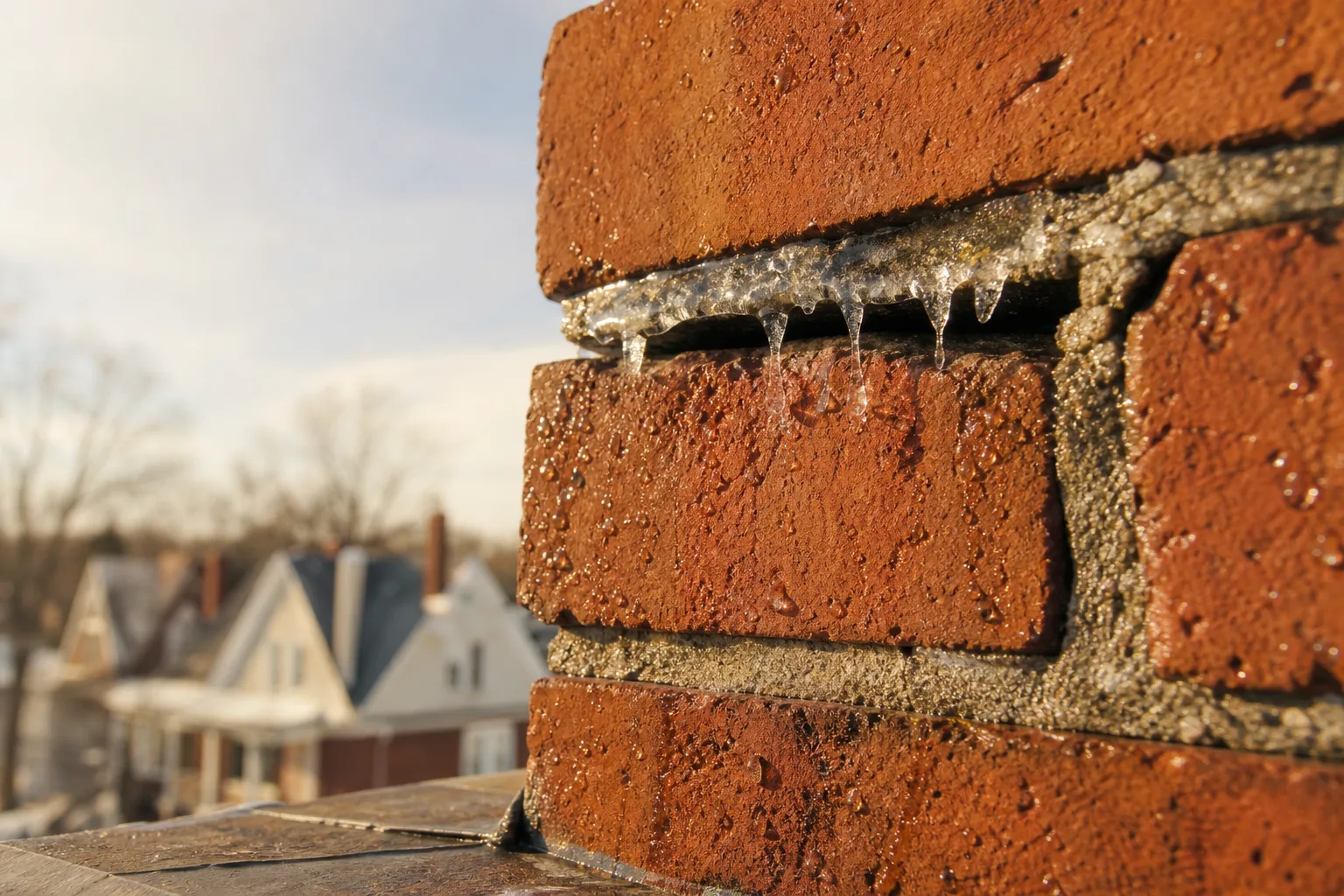 Ice forming inside a hairline crack in chimney brick and mortar during a thaw Ice forming inside a hairline crack in chimney brick and mortar during a thaw