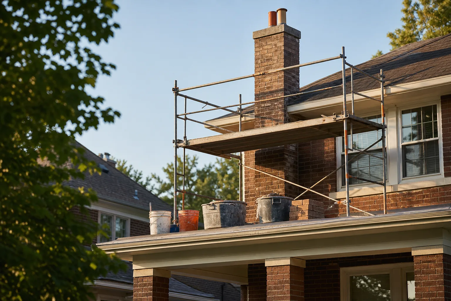 Scaffolding around a rooftop chimney during warm-weather masonry repair season Scaffolding around a rooftop chimney during warm-weather masonry repair season