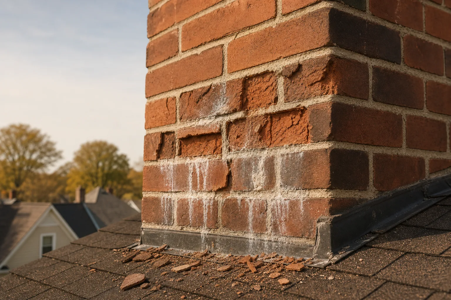 Spalled chimney bricks with missing faces, white efflorescence and flakes on shingles Spalled chimney bricks with missing faces, white efflorescence and flakes on shingles