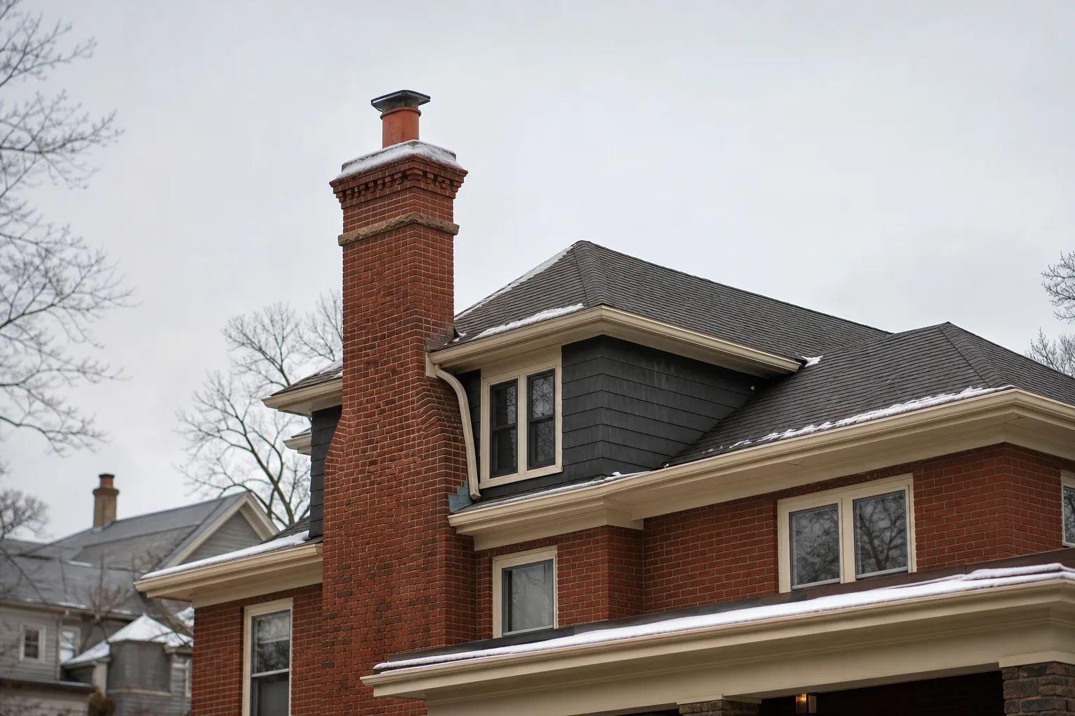 Snow-dampened brick chimney on an old Cleveland home under heavy gray winter sky Snow-dampened brick chimney on an old Cleveland home under heavy gray winter sky