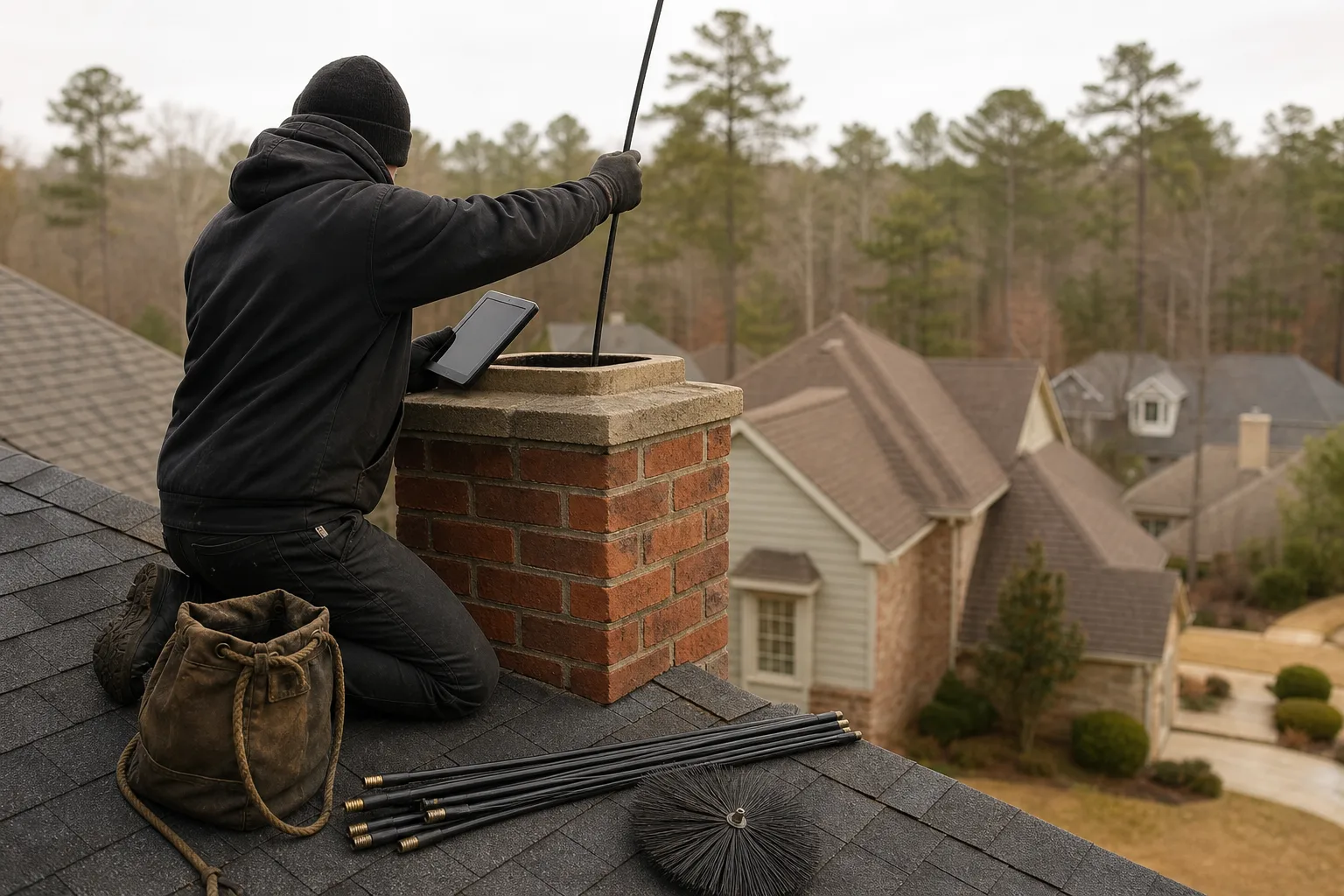 Chimney sweep Roswell technician working from the roof with rods and brush beside a brick chimney stack