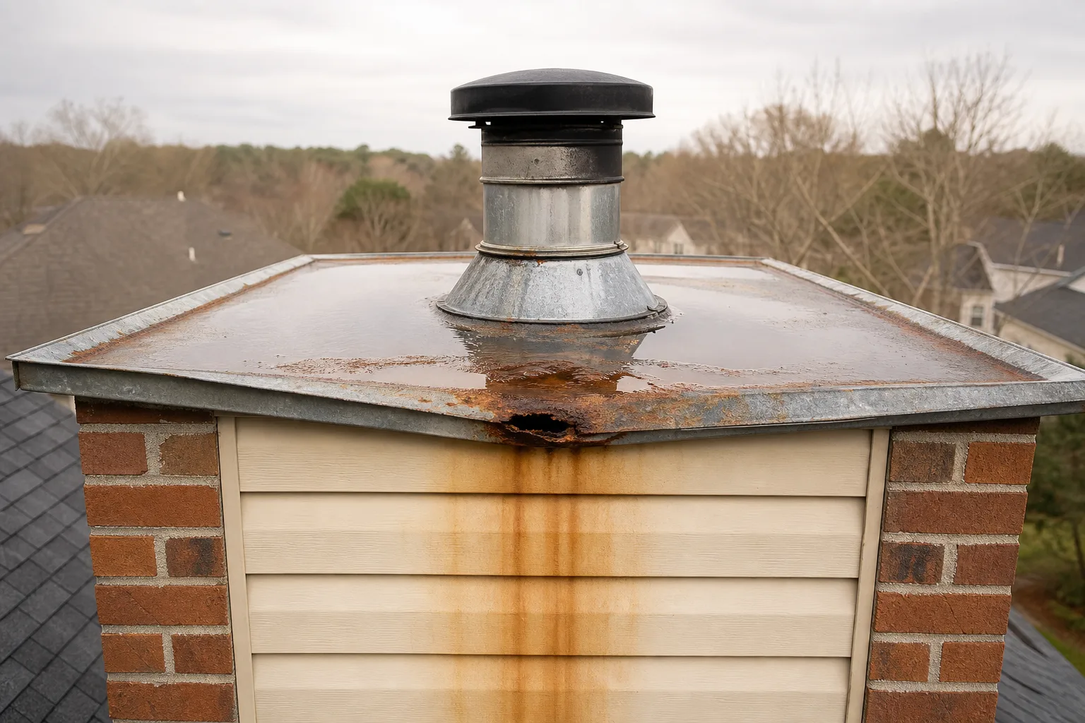 Chimney sweep Roswell: rusted sheet metal chase cover holding water on a factory built chimney chase
