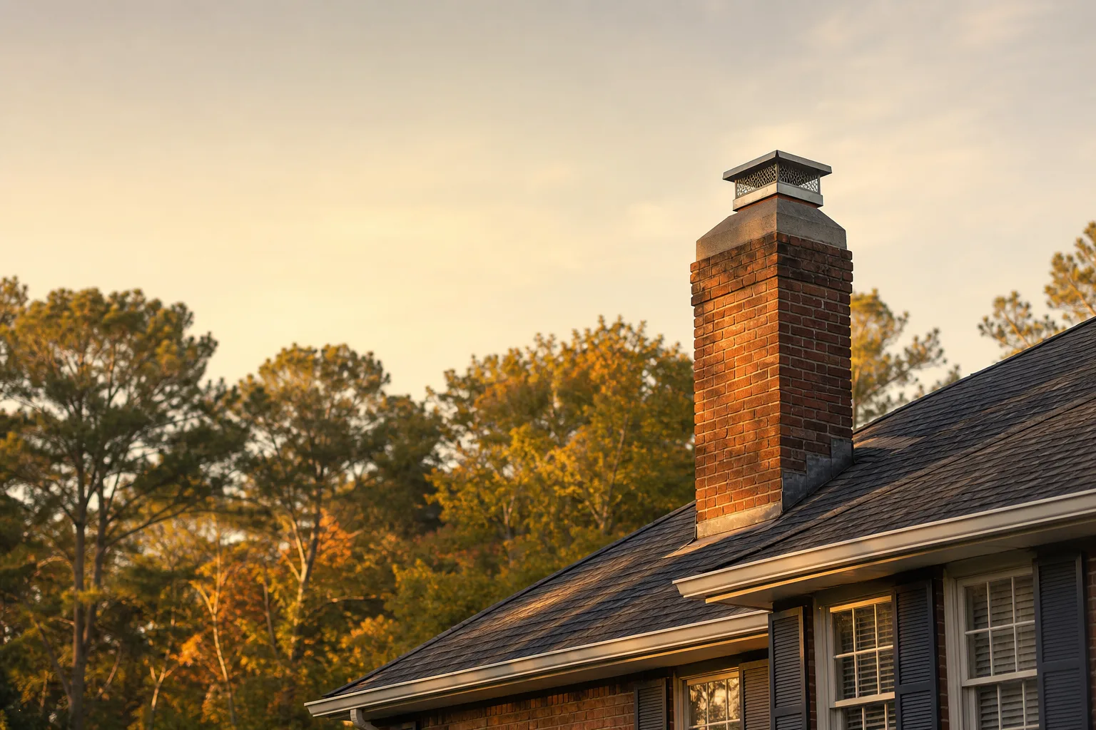 Chimney sweep Roswell: brick chimney stack with concrete crown and metal cap on a Georgia home at golden hour