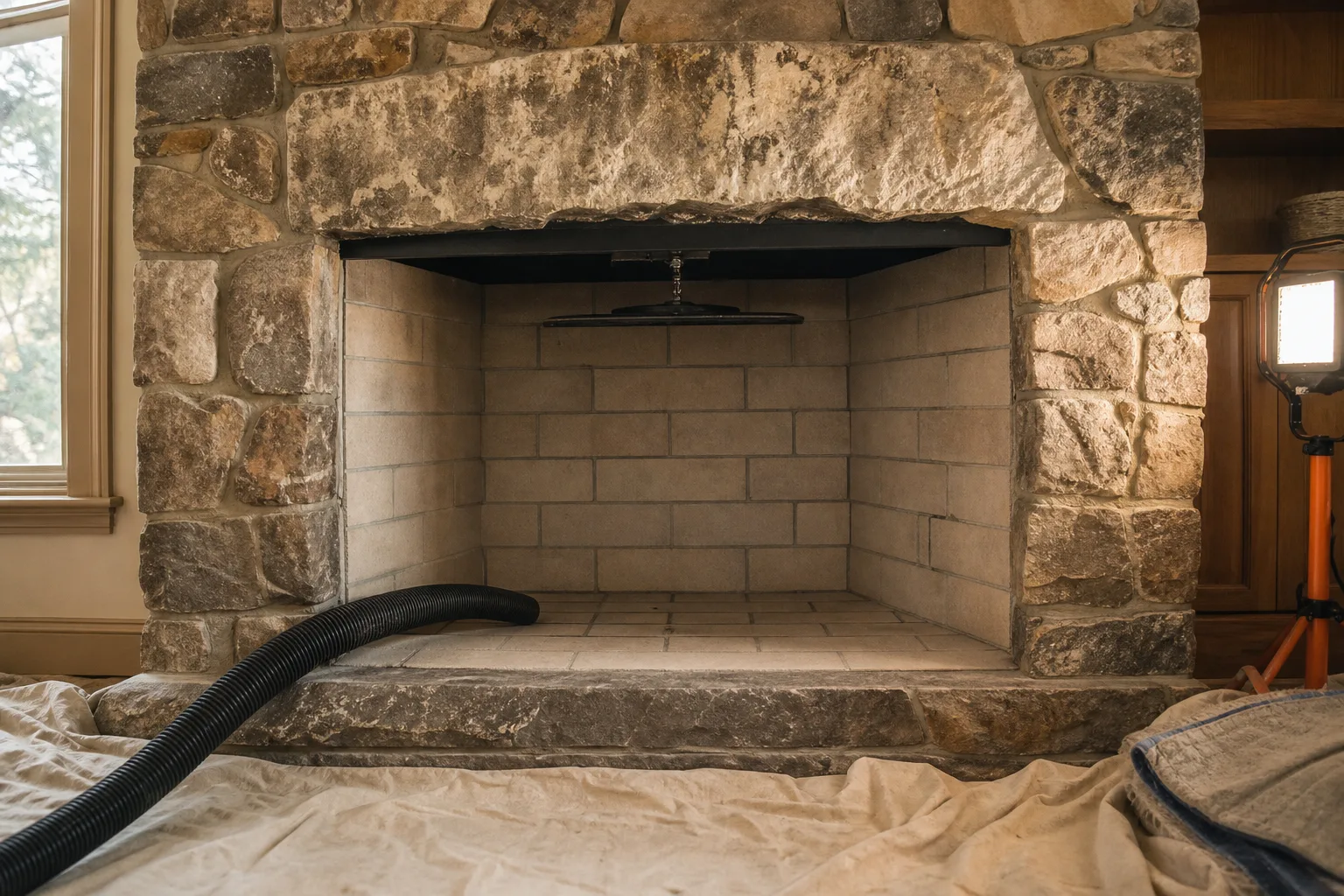 Chimney sweep Roswell after photo: the same firebox swept clean with firebrick and mortar joints visible again