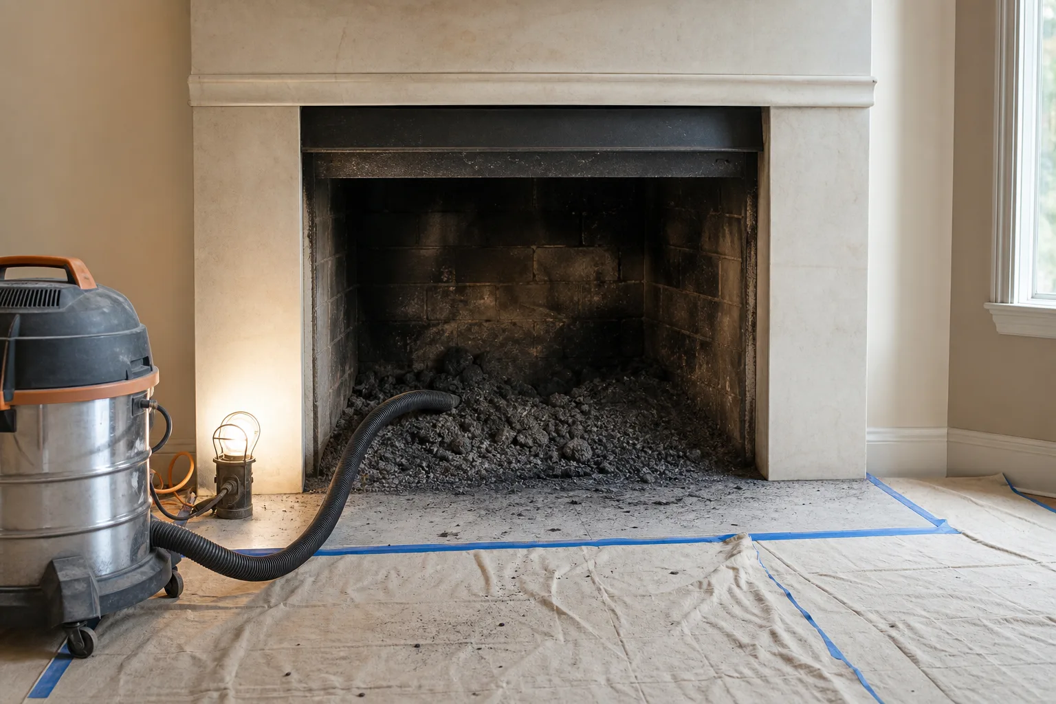Chimney sweep Roswell before photo: soot blackened masonry firebox in typical uncleaned condition with drop cloths down