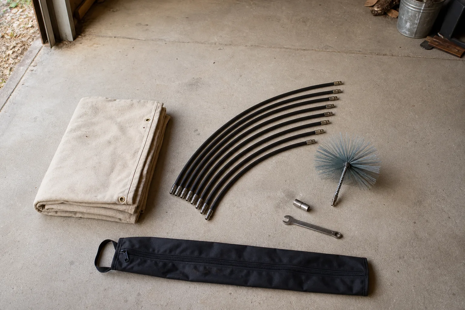 Chimney cleaning kit contents laid out on a garage floor: rods, brush head, wrench and connector