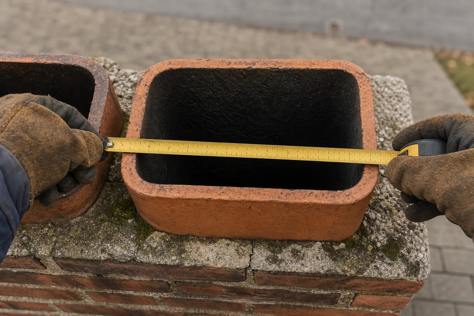 Chimney cleaning kit sizing starts here: measuring the inside of a clay flue tile at the crown
