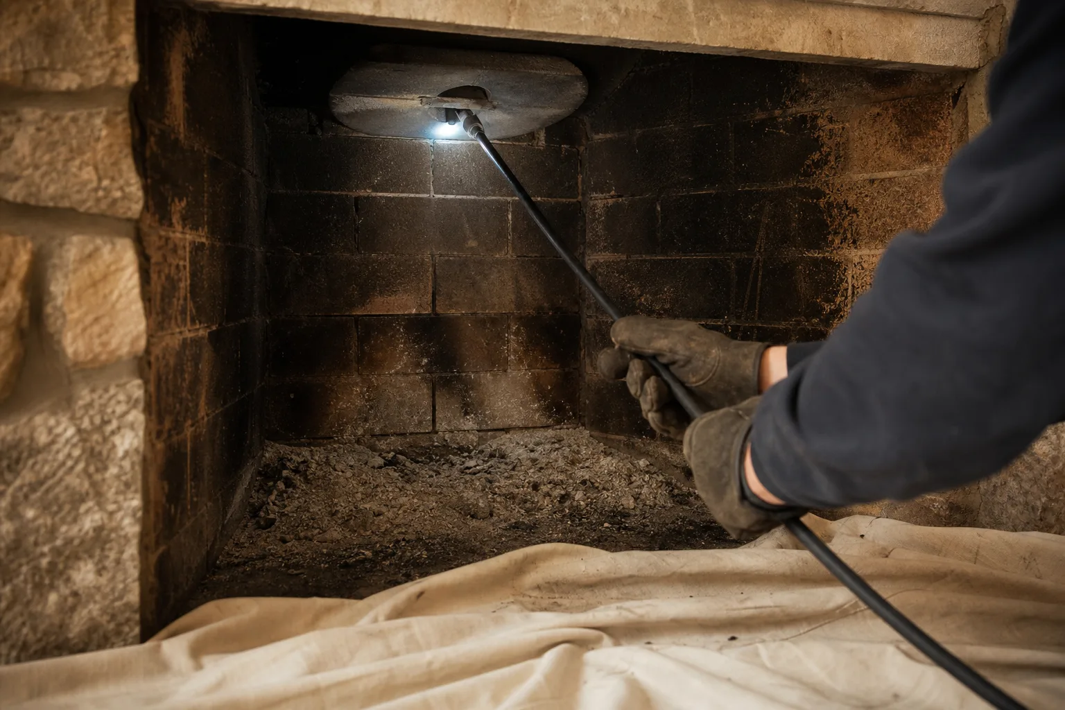 Chimney cleaning kit versus a real inspection: a camera on a rod entering the flue above the damper