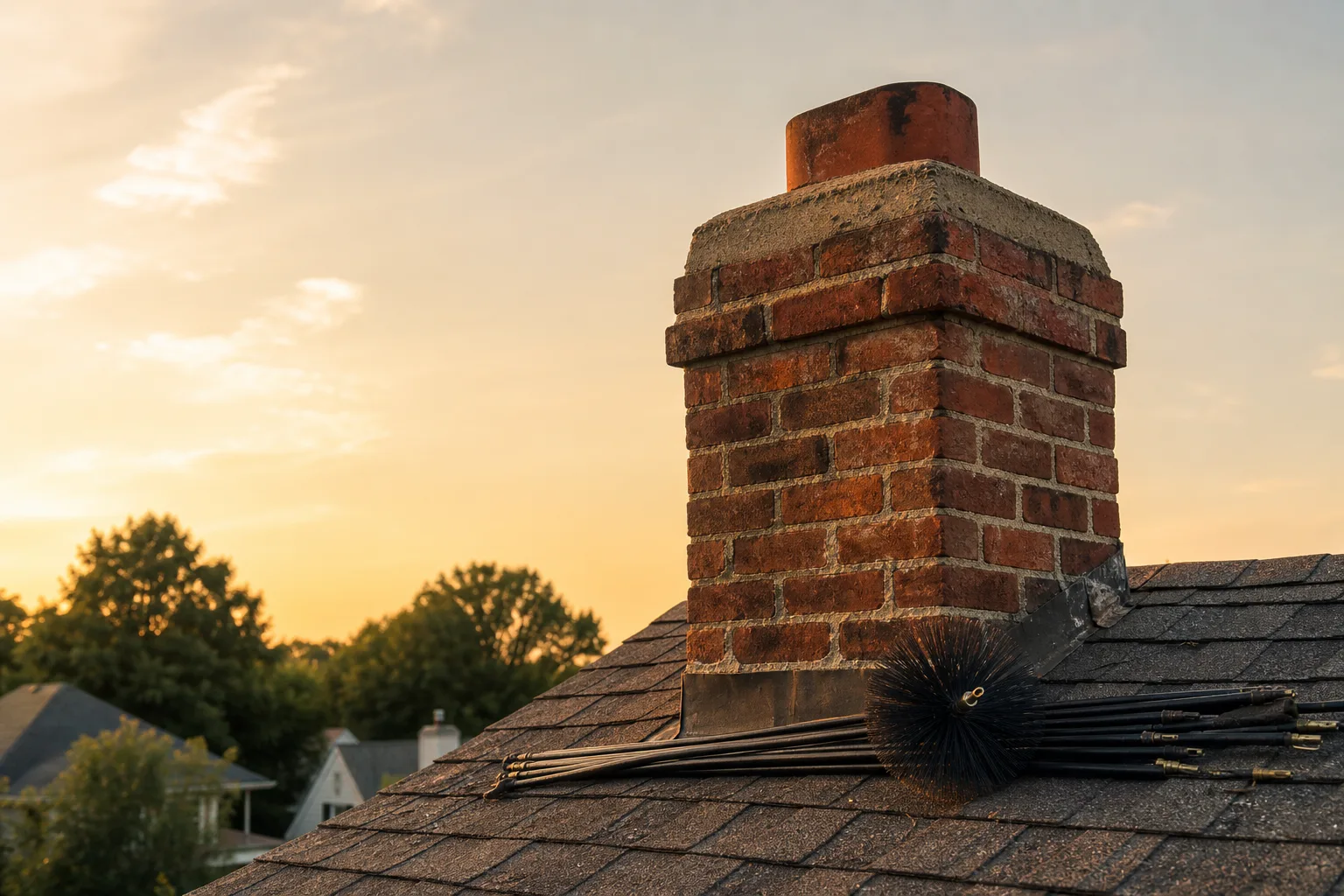 Chimney cleaning kit rods and brush laid out on a shingle roof beside a brick chimney stack
