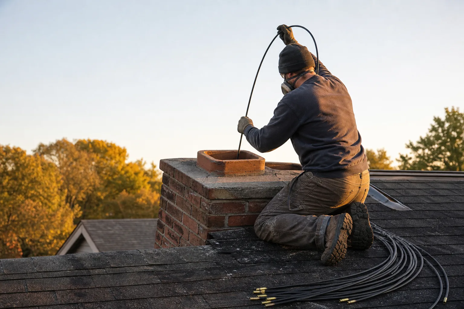 Chimney cleaning kit in use: feeding rods down the flue from the roof, top down method