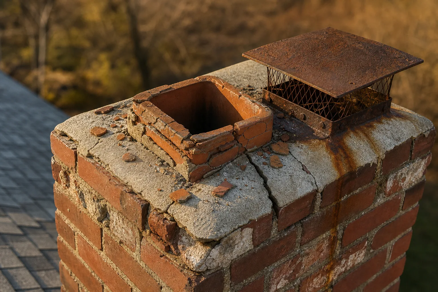 Gas chimney cleaning: cracked and spalled clay flue tile with a failing crown on a deteriorated masonry chimney