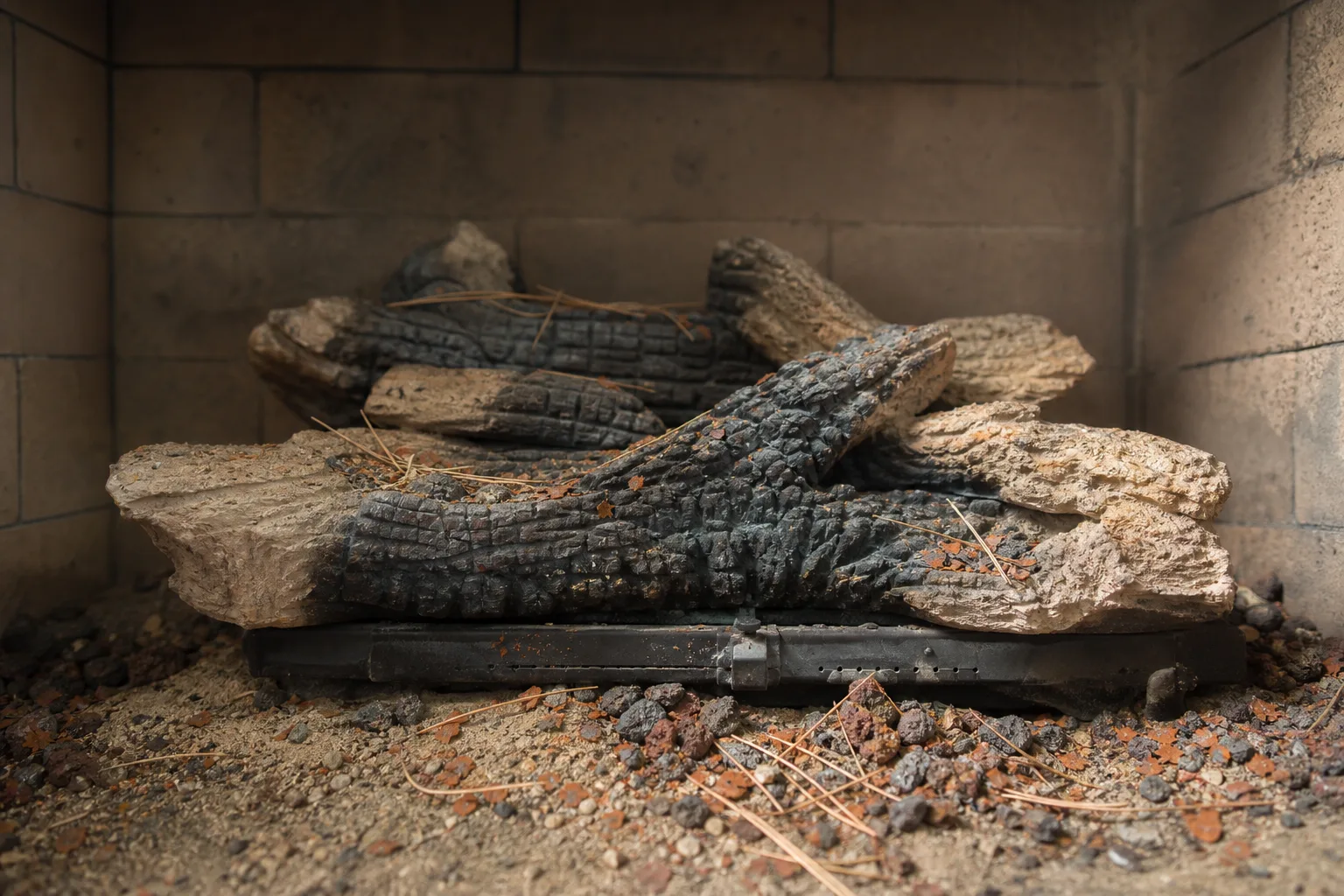 Gas chimney cleaning: rust flakes and twigs fallen onto a ceramic gas log set inside a firebox