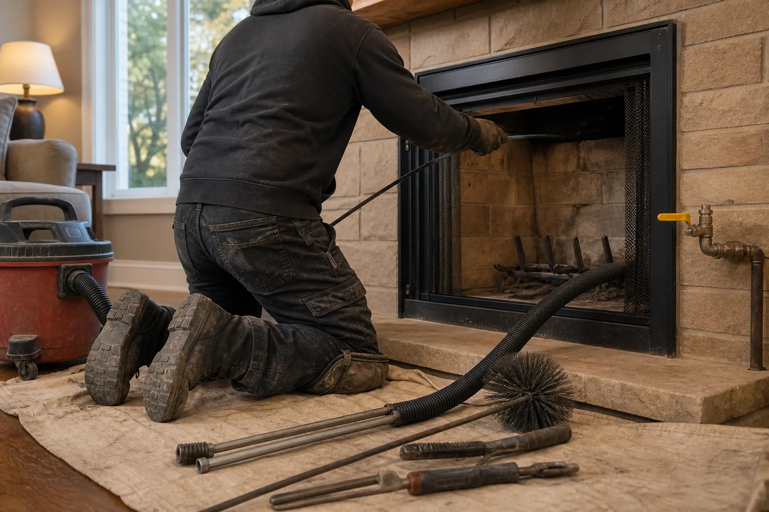 Gas chimney cleaning: a technician feeding an inspection camera into the flue with a HEPA vacuum at the hearth