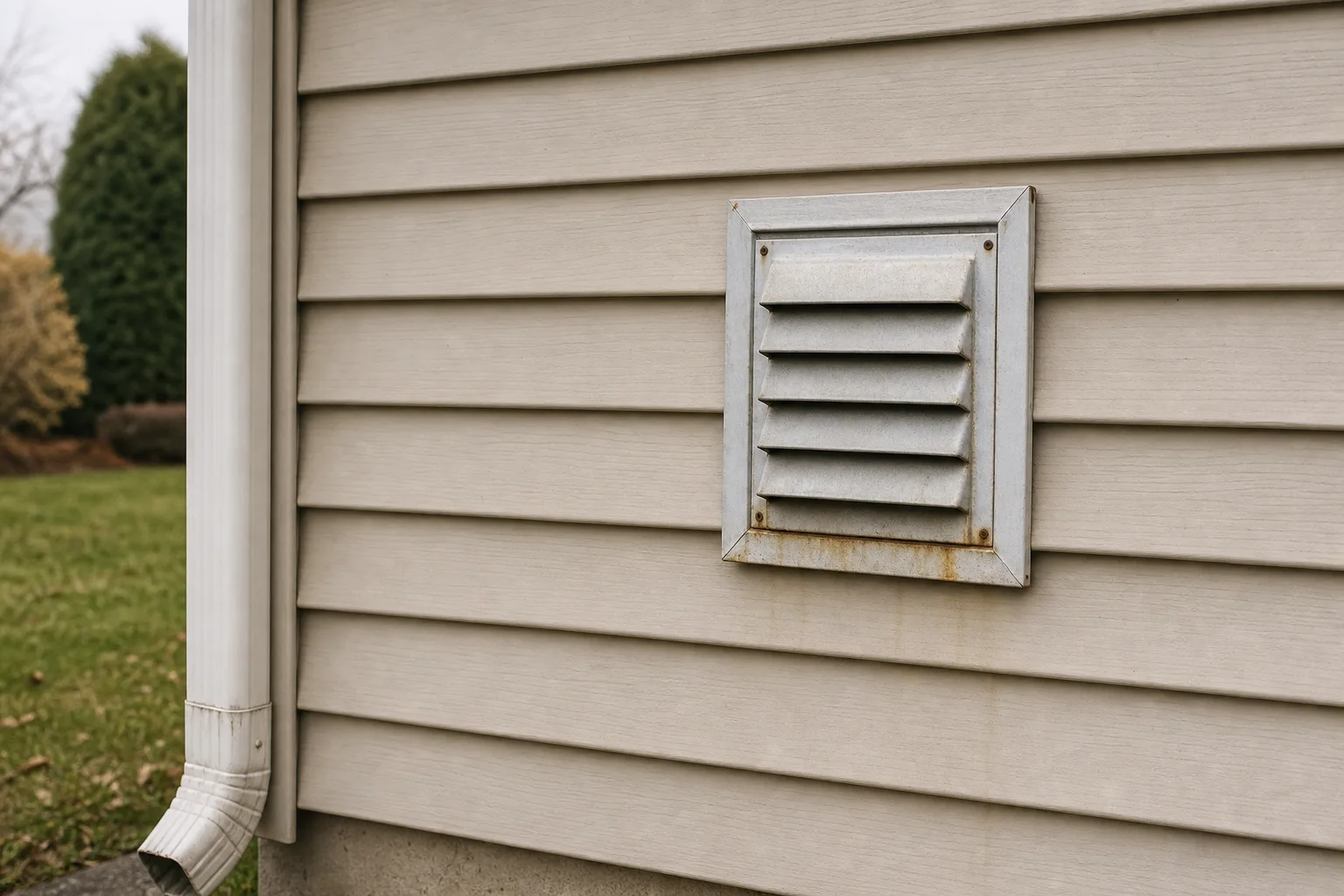 Gas chimney cleaning: a direct-vent gas fireplace termination cap mounted on the exterior siding of a house