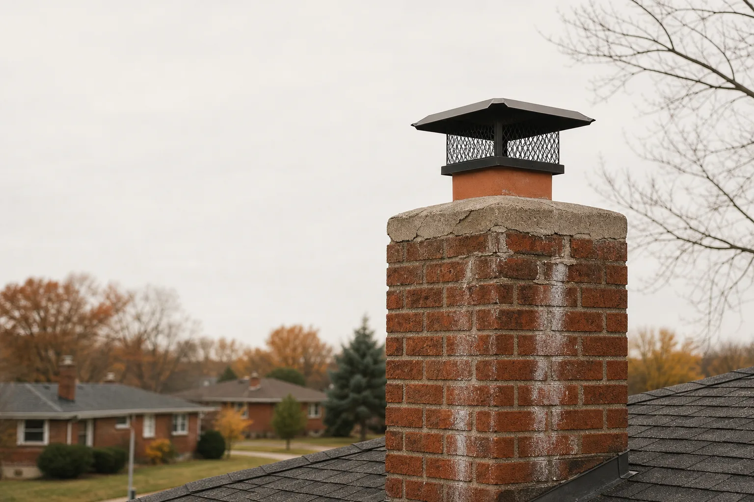 Gas chimney cleaning: weathered brick chimney stack with clay flue tile and a steel cap on a suburban ranch house