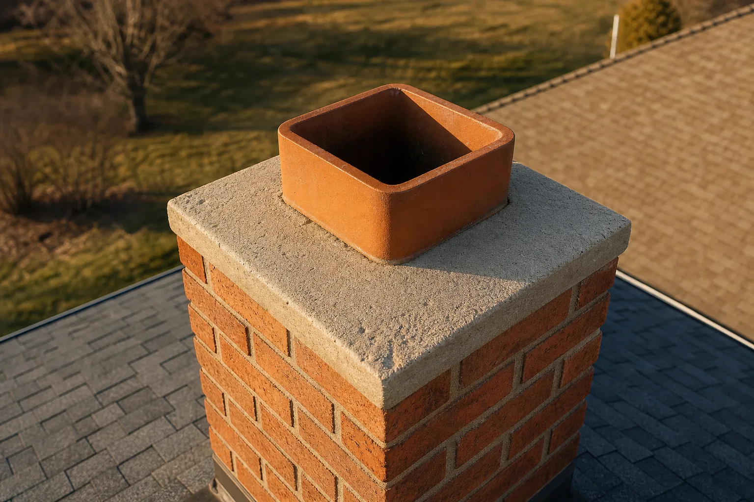 Gas chimney cleaning: clay flue tile and concrete crown on a masonry chimney in sound typical condition
