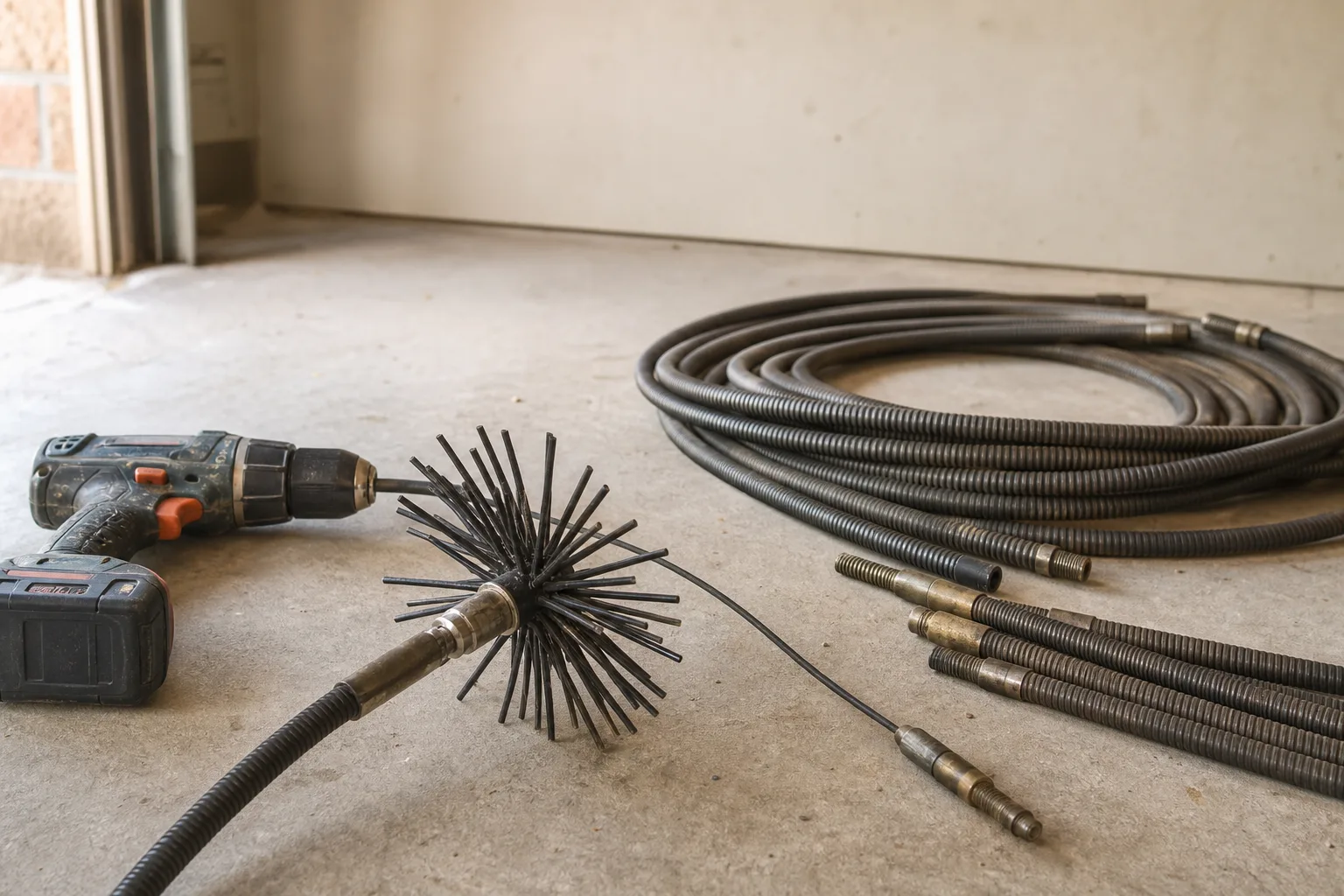 chimney brush drive systems, push rods beside a drill-driven rotary whip