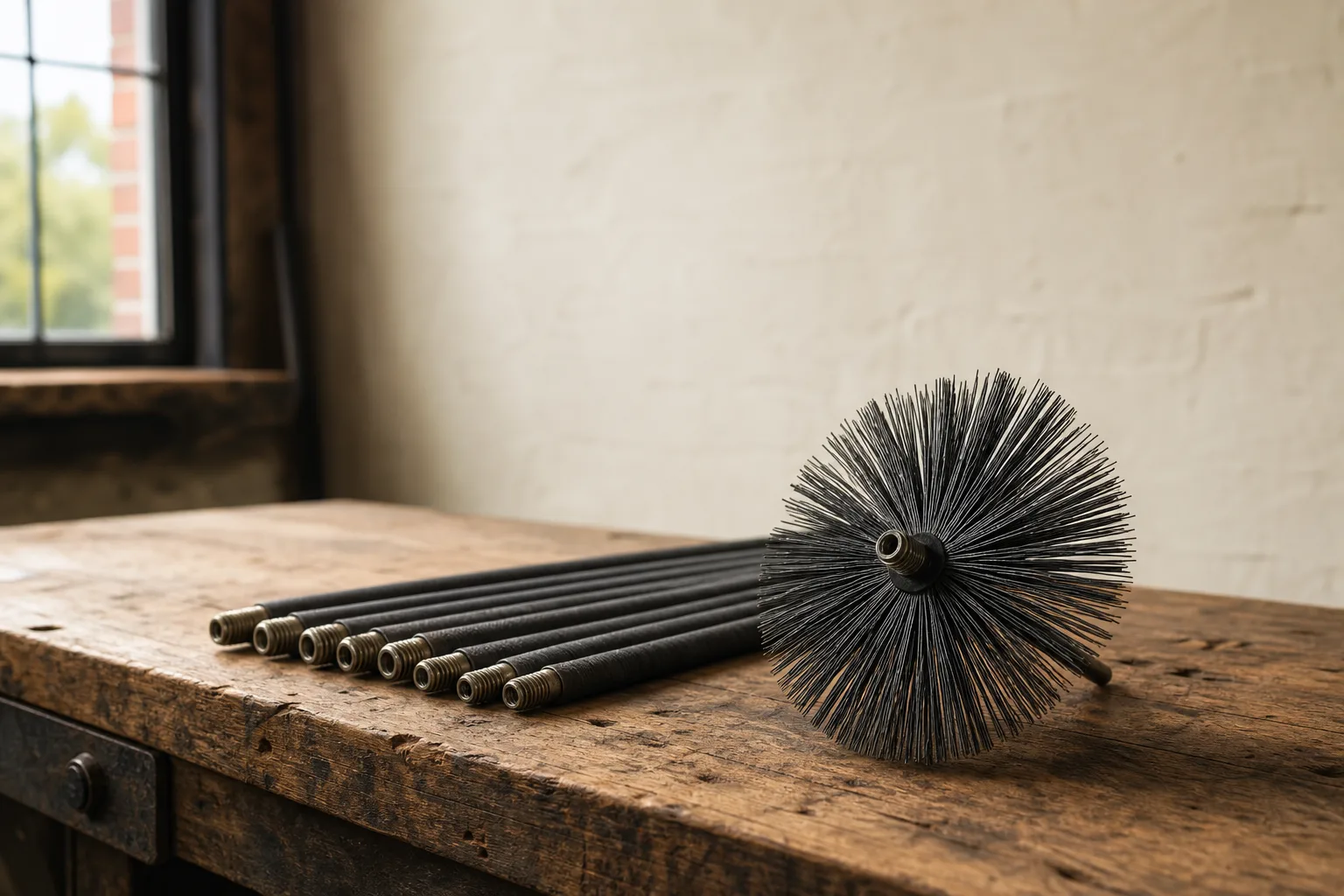 chimney brush head and threaded rod sections laid out on a workbench