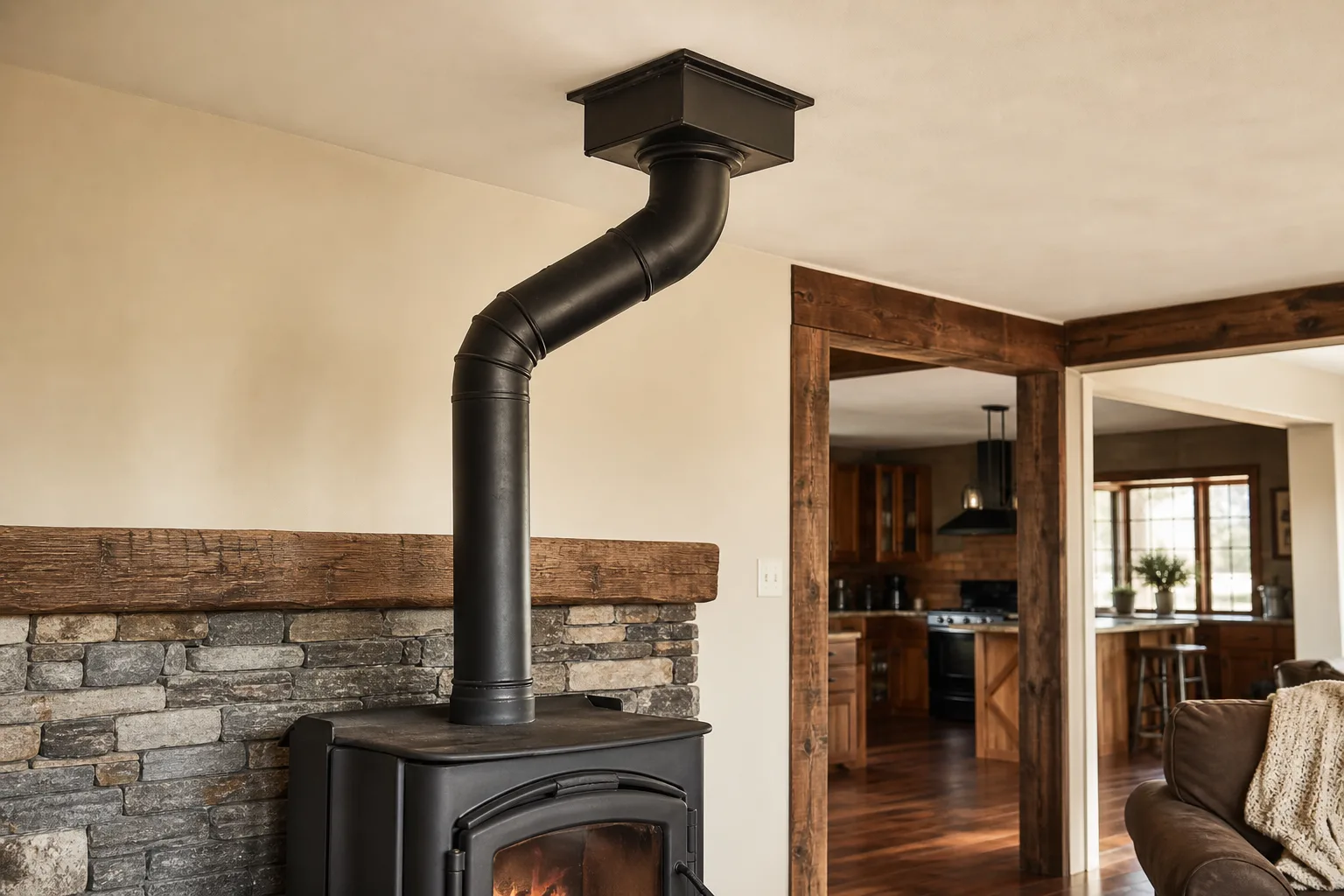 Wood stove pipe remains exposed between the stove collar and ceiling support box
