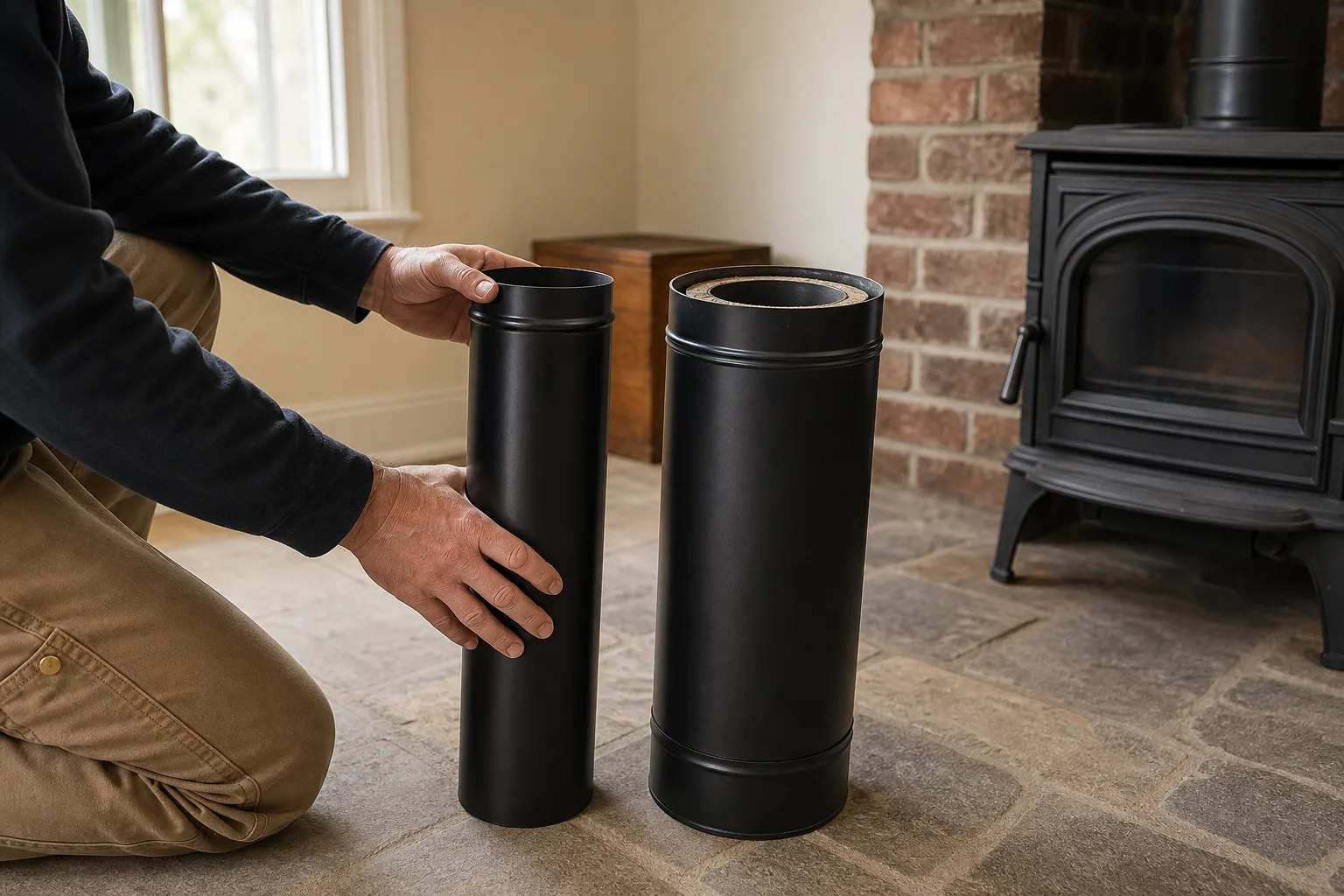 Wood stove pipes in single-wall and double-wall styles sit beside a stove