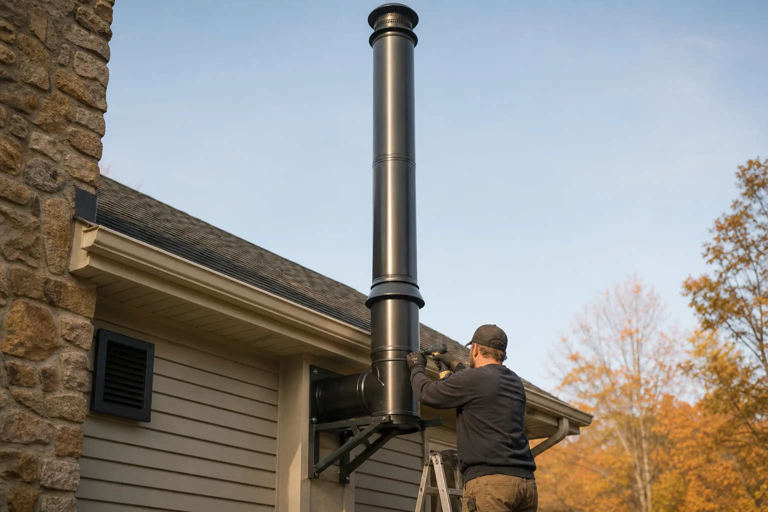Wood stove pipe connects to a new exterior chimney through the house wall