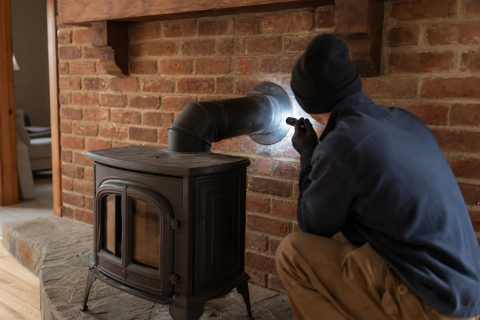 Wood stove pipe enters a masonry chimney through a fitted wall thimble