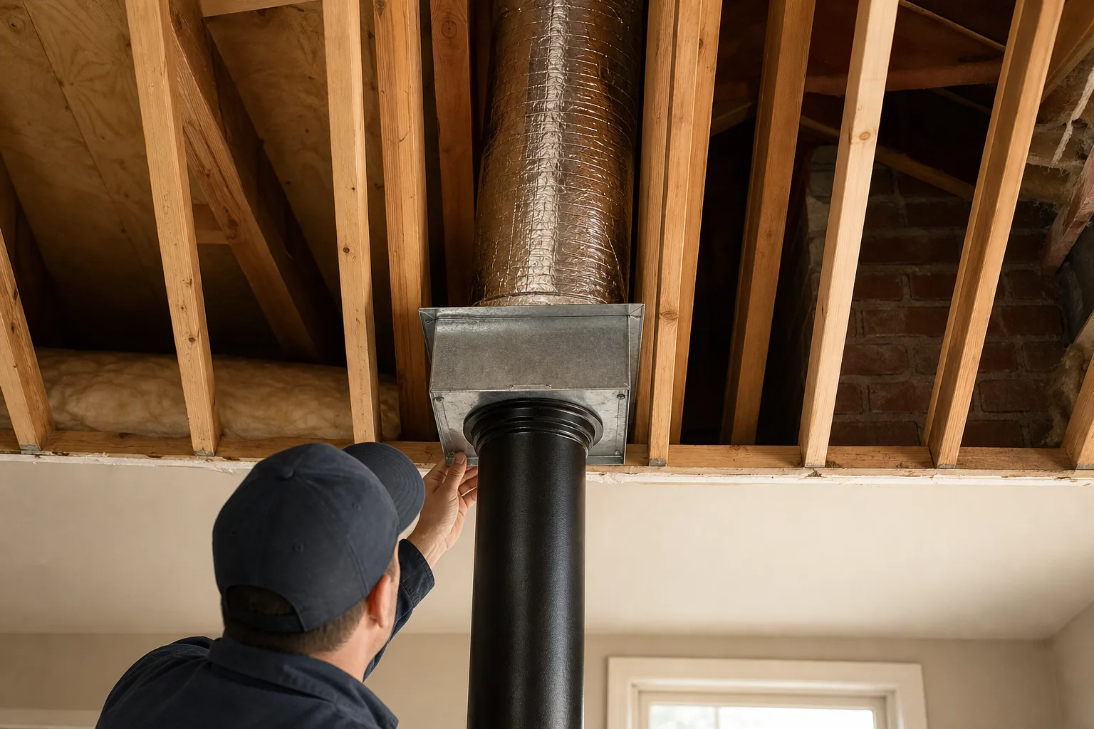 Wood stove pipe transitions to insulated chimney pipe at a ceiling support box