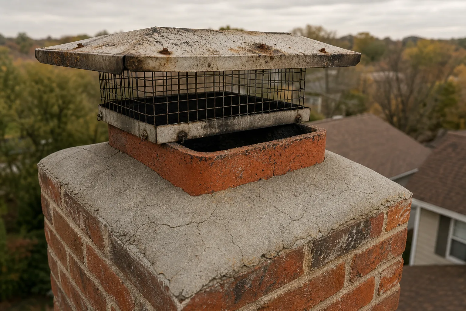 How does a chimney work: the top of a masonry chimney showing the cracked crown, the clay flue tile and the metal cap