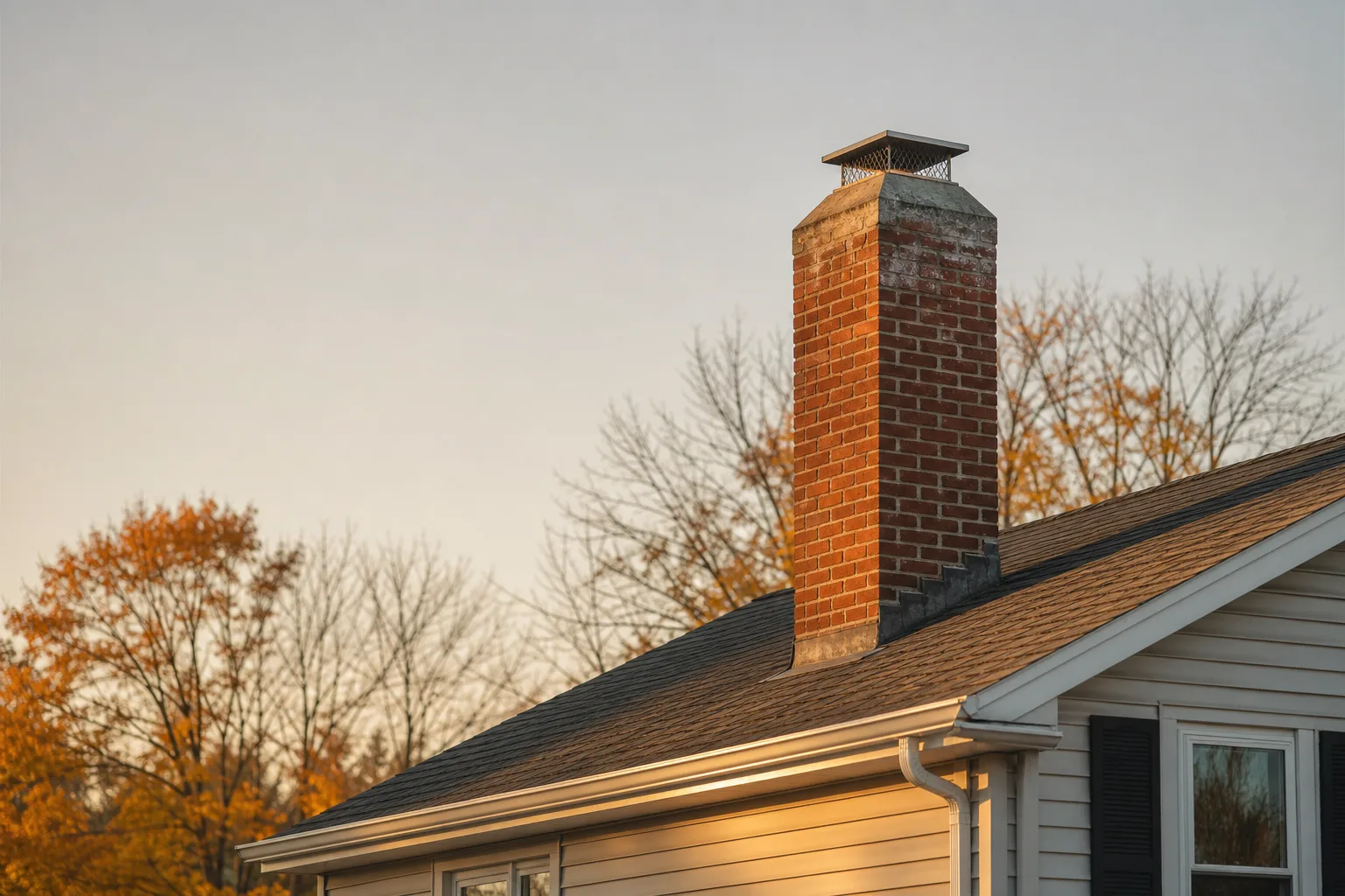 How does a chimney work: a weathered brick chimney stack with crown and metal cap on an American shingled roof at golden hour