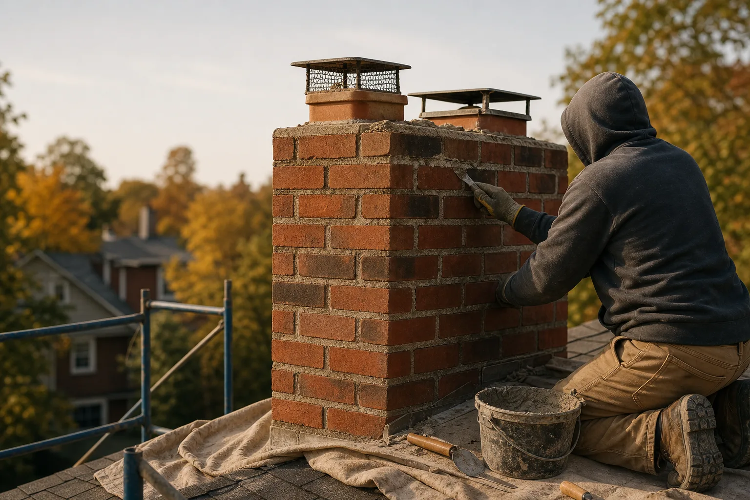 Chimney masonry repair technician replaces failed mortar joints on rooftop stack