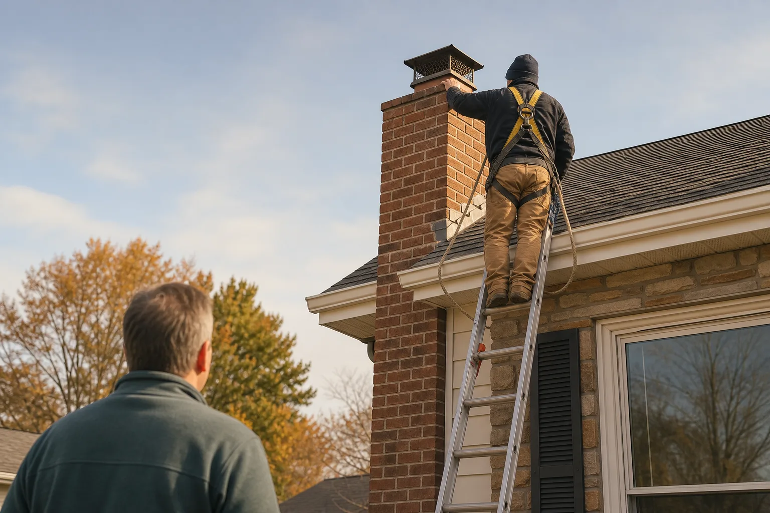 Local chimney repair inspection examines crown, cap, flashing, and masonry