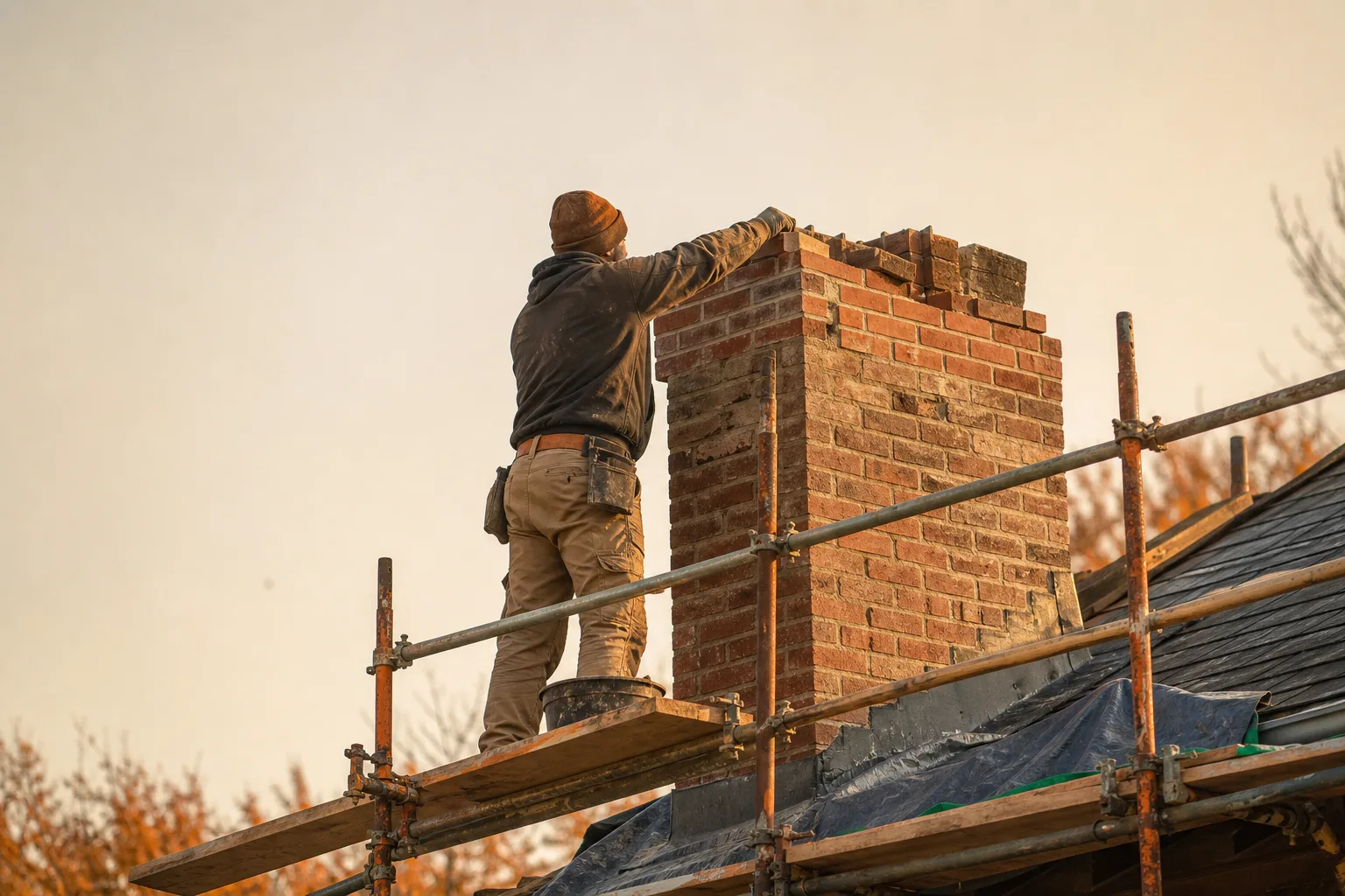 Chimney rebuilding work replaces loose upper brick courses above the roofline