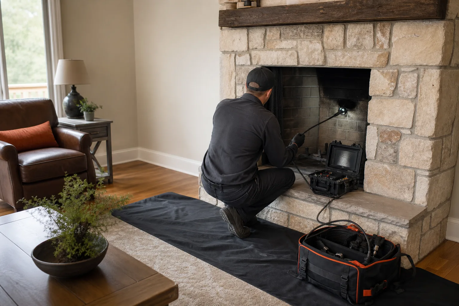 Chimney inspection technician scans the flue above an open masonry fireplace
