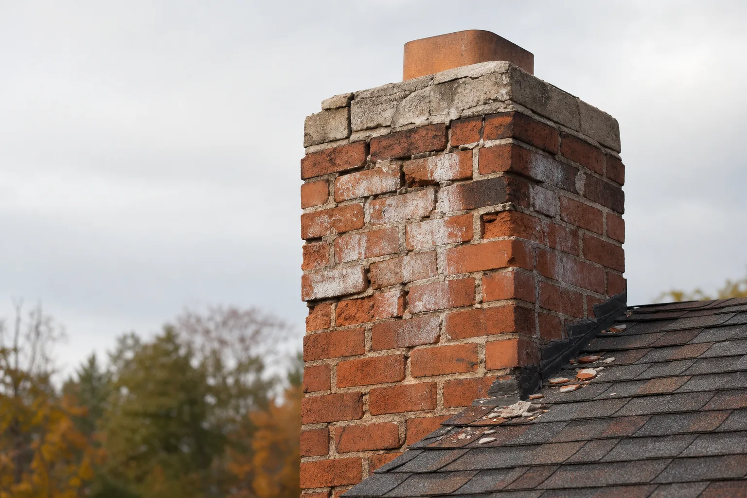 Chimney damage signs include spalled bricks, white staining, and failed mortar
