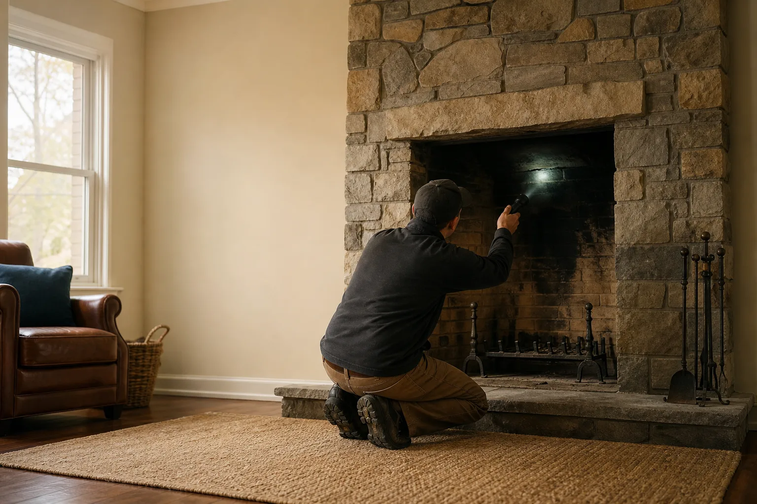 Chimney damper check, a homeowner shining a flashlight up into the fireplace throat